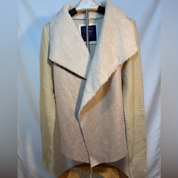 Cavalini Sherpa Lined Open Front Cardigan Jacket Women’s Size L Mixed Textures - Picture 2 of 5